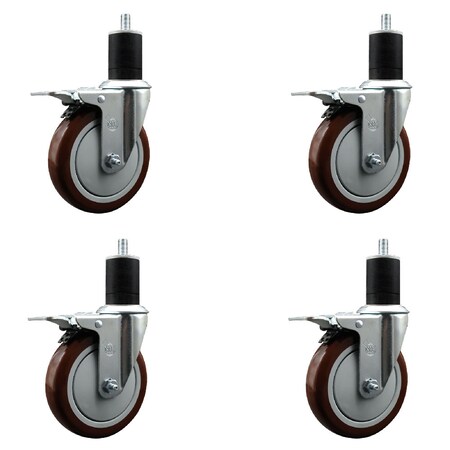 Service Caster 5'' Maroon Poly Swivel 1-3/4'' Expanding Stem Caster Set Total Lock Brake, 4PK SCC-EXTTL20S514-PPUB-MRN-134-4